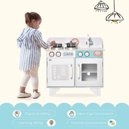 image-Kids Wooden Toy Kitchen Pretend Playset with Sink Faucet Pot