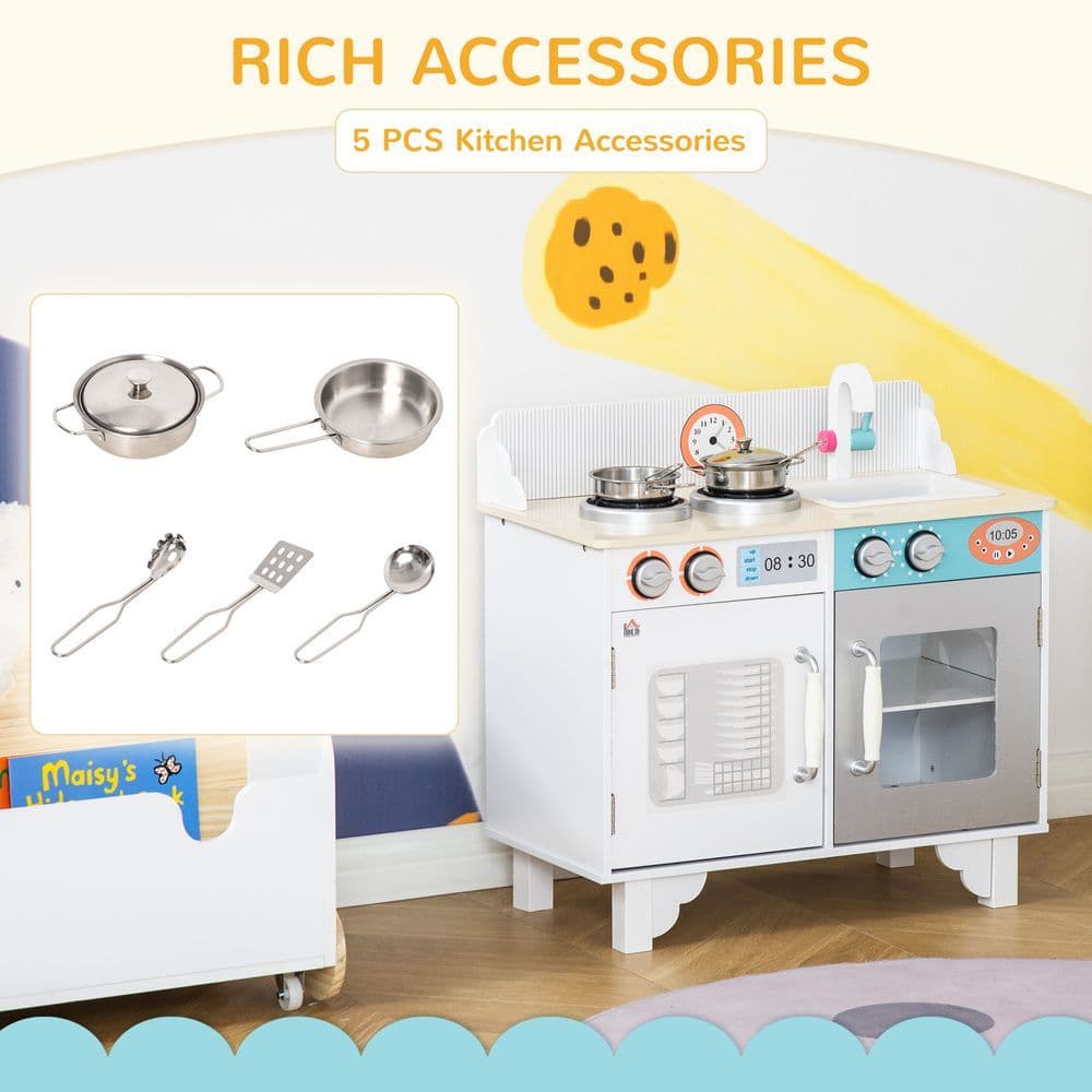 image-Kids Wooden Toy Kitchen Pretend Playset with Sink Faucet Pot