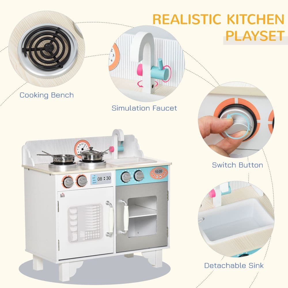 image-Kids Wooden Toy Kitchen Pretend Playset with Sink Faucet Pot