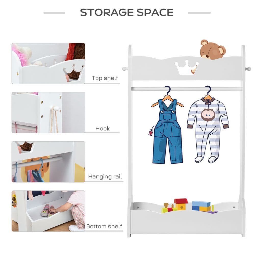image-Kids Wood Clothes Rack with Storage Shelves Hall Tree for 3-8 Years HOMCOM
