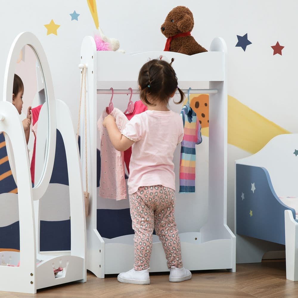 image-Kids Wood Clothes Rack with Storage Shelves Hall Tree for 3-8 Years HOMCOM