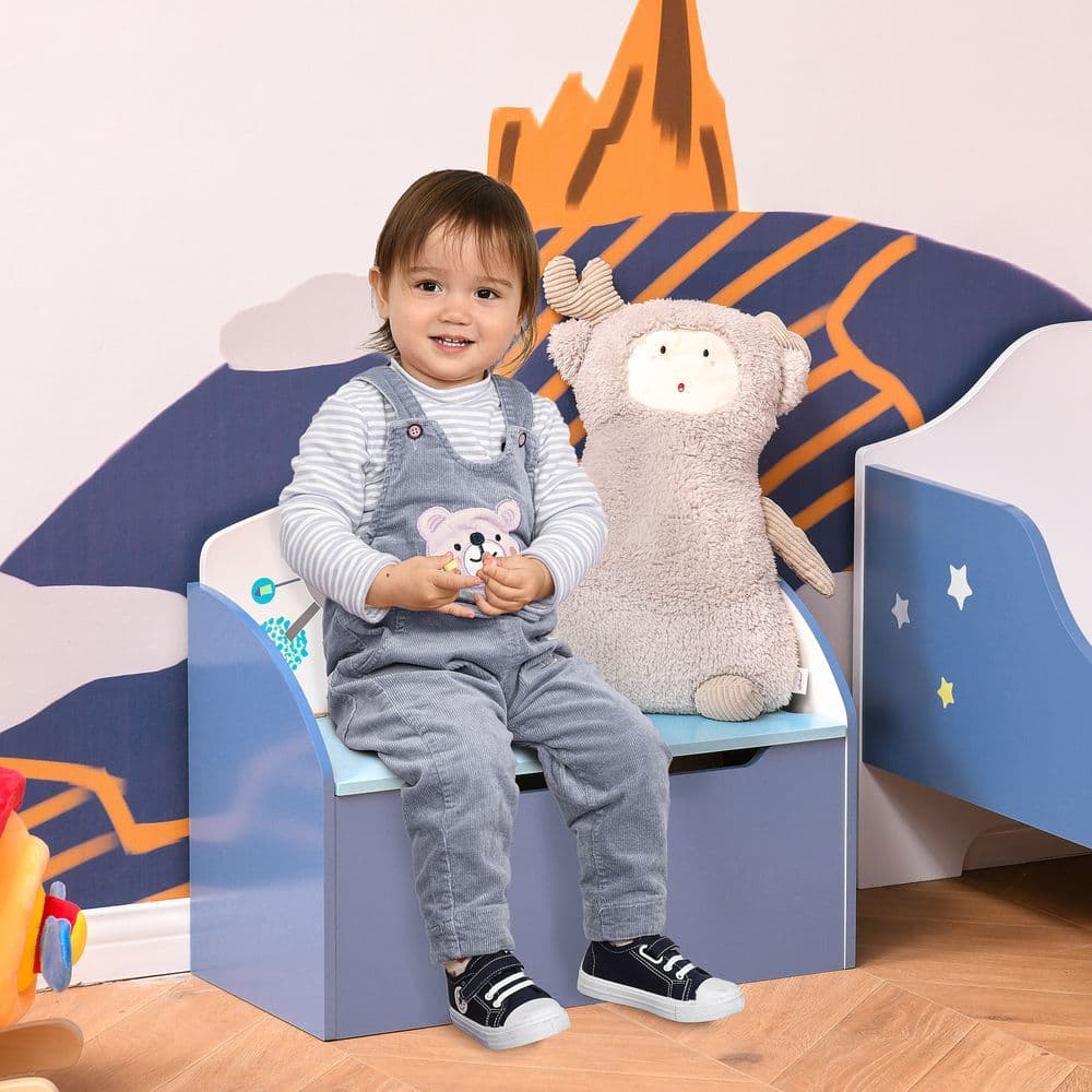 image-Kids Wooden Toy Box Children Storage Chest Bench Organiser Bedroom Blue HOMCOM