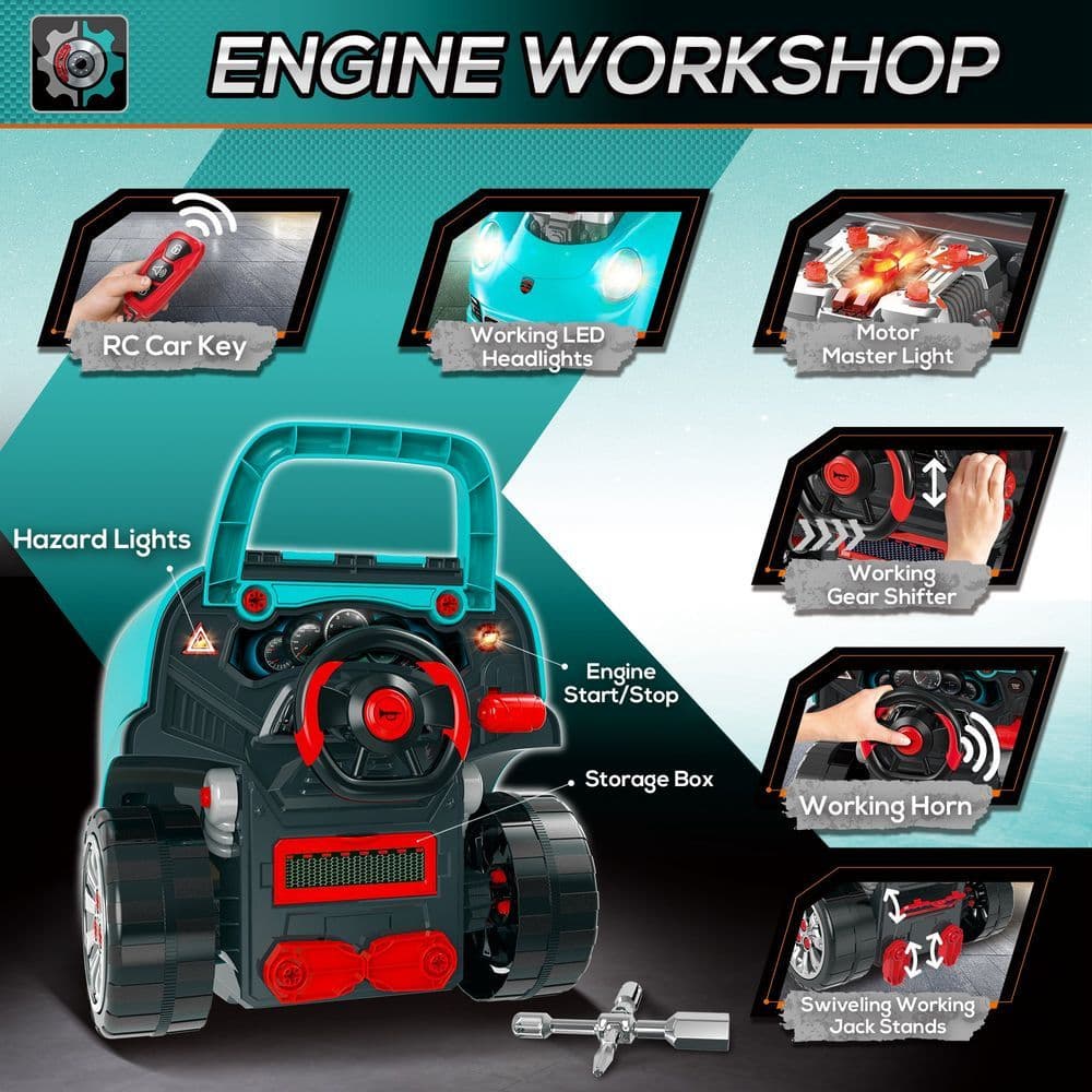 image-Kids Truck Engine Toy Set Horn Light Car Key Age 3-5 Years, Teal Green