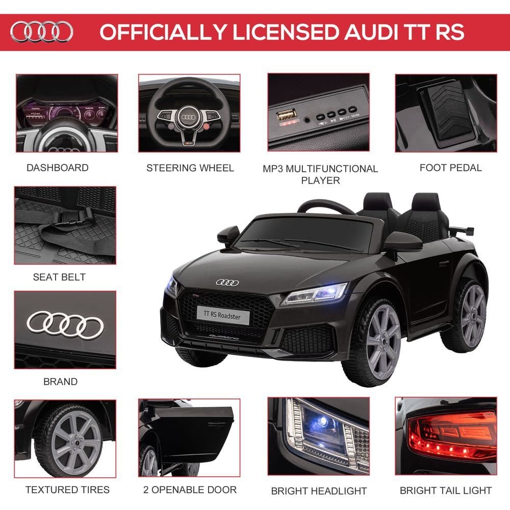 image-12V Battery Licensed Audi TT Ride On Car w/ Remote Headlight MP3 Black