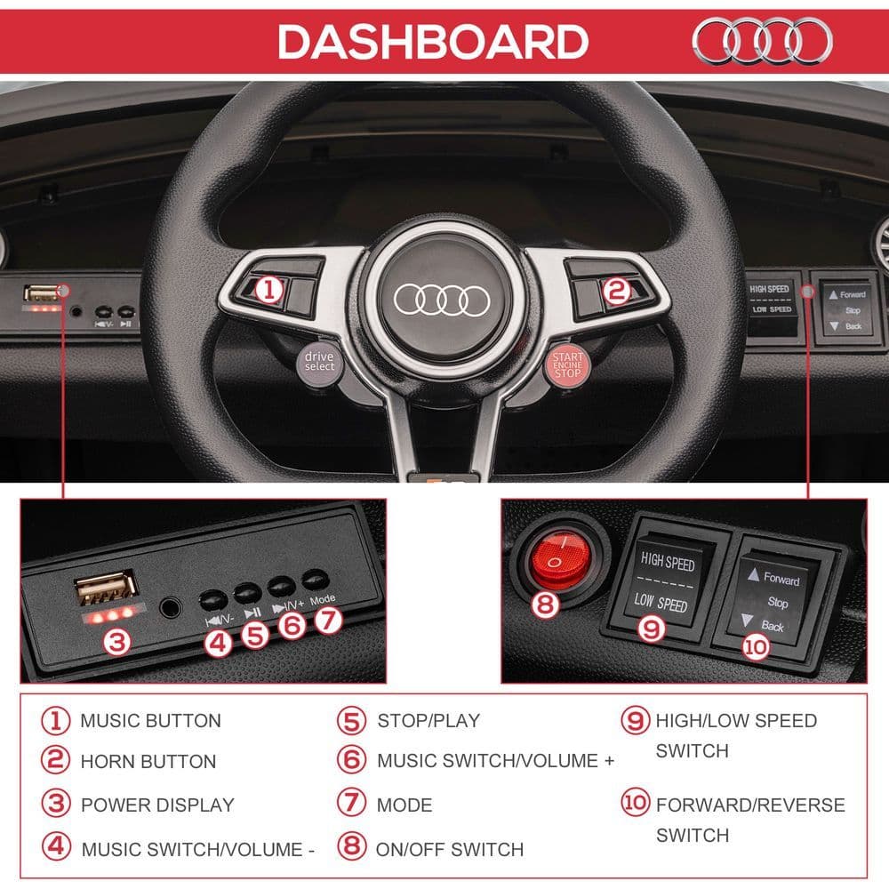 image-12V Battery Licensed Audi TT Ride On Car w/ Remote Headlight MP3 Black