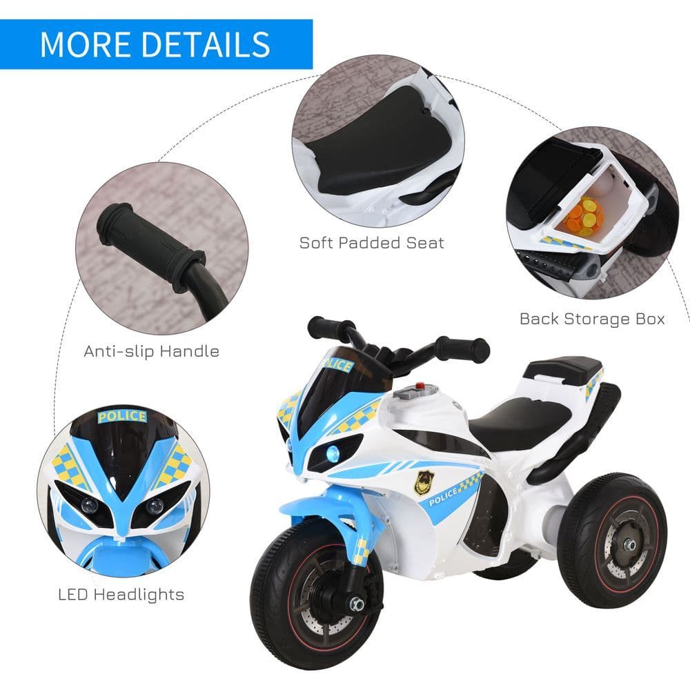 image-HOMCOM Kids Ride-On Police Bike 3-Wheel Vehicle w/ Music Lights 18-36 Mths