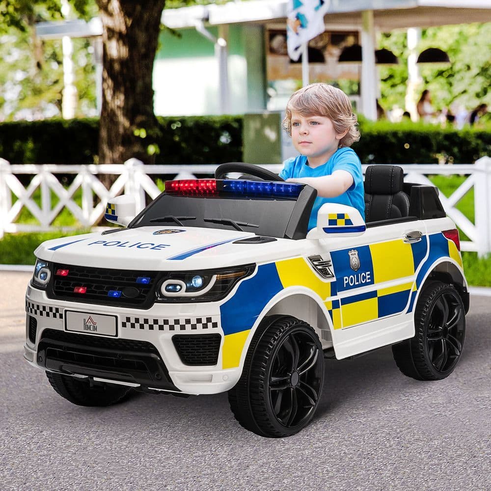 image-12V Kid Electric Ride On Police Car w/ Remote Siren Bluetooth 3-6 Years HOMCOM