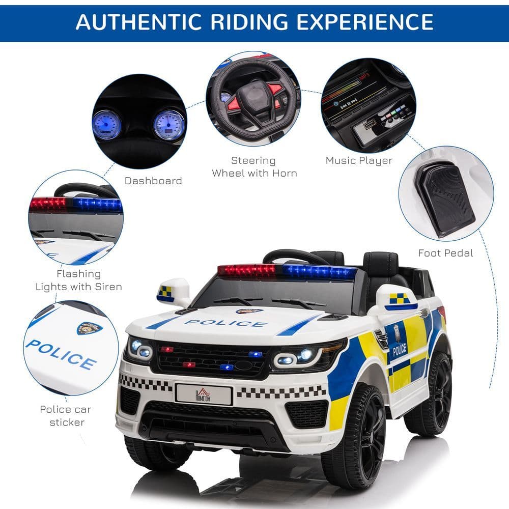 image-12V Kid Electric Ride On Police Car w/ Remote Siren Bluetooth 3-6 Years HOMCOM