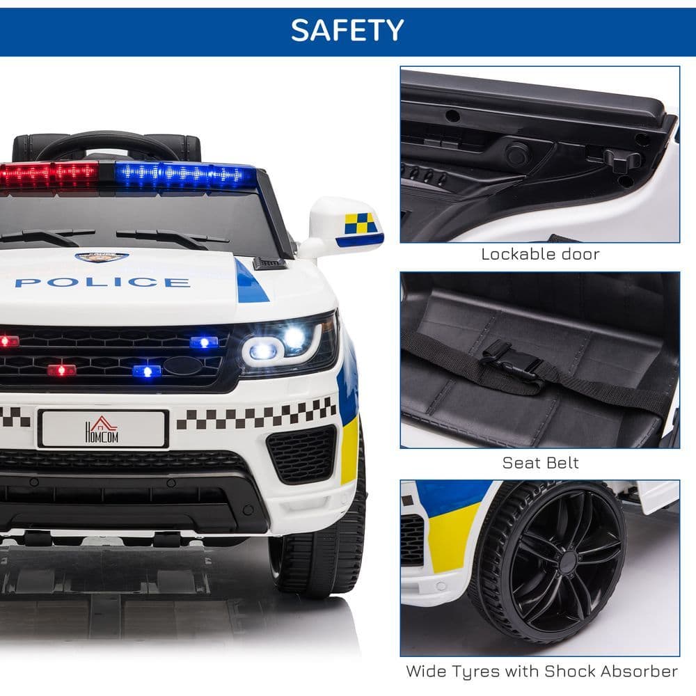 image-12V Kid Electric Ride On Police Car w/ Remote Siren Bluetooth 3-6 Years HOMCOM
