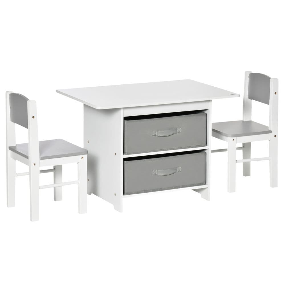 image-3 Pcs Kids Table & Chairs Set Toddler Furniture Storage Drawers