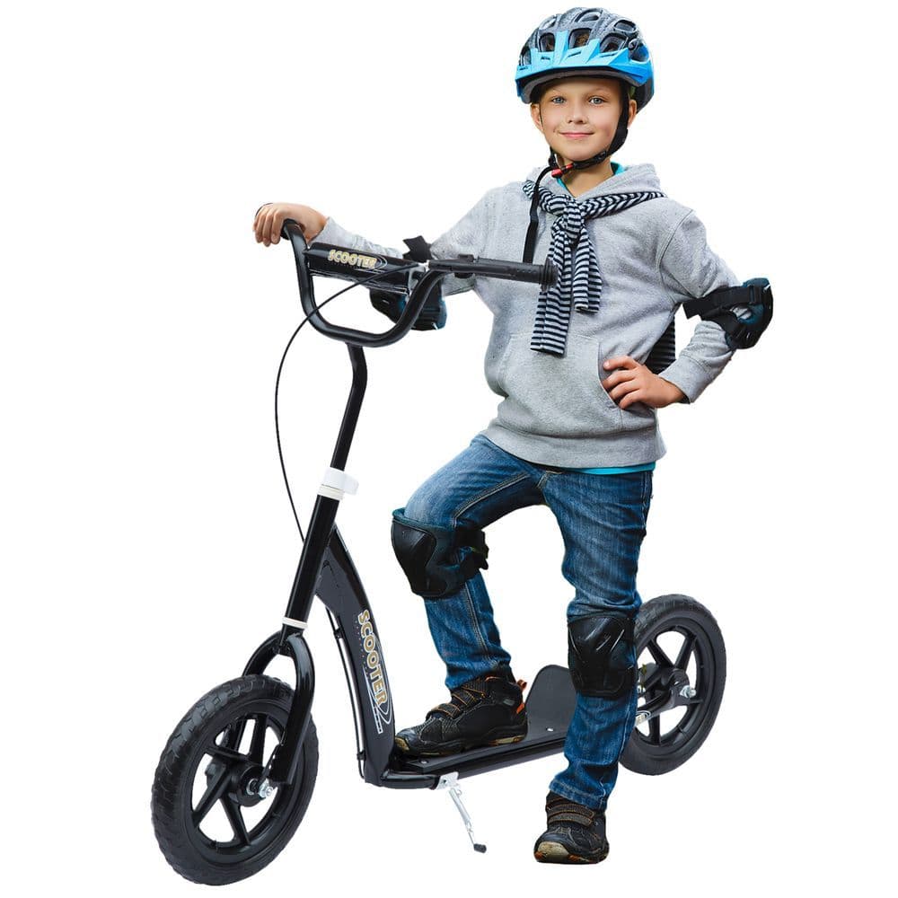 image-Push Scooter Teen Kids Stunt Bike Ride On with 12" EVA Tyres, Black HOMCOM