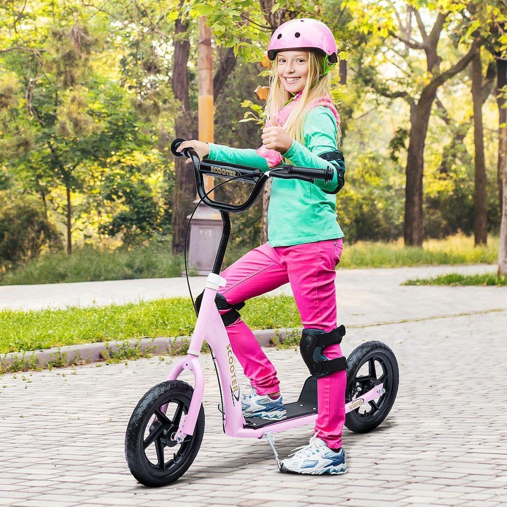 image-Push Scooter Teen Kids Stunt Bike Ride On with 12" EVA Tyres, Pink HOMCOM