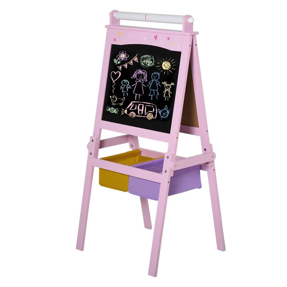 image-Kids Wooden Art Easel with Paper Roll Double-Sided Chalkboard, board HOMCOM