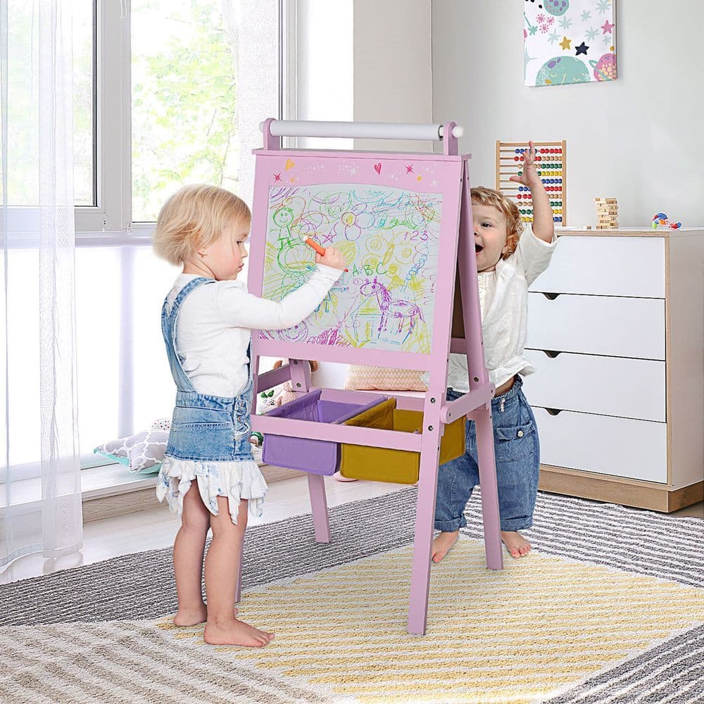 image-Kids Wooden Art Easel with Paper Roll Double-Sided Chalkboard, board HOMCOM