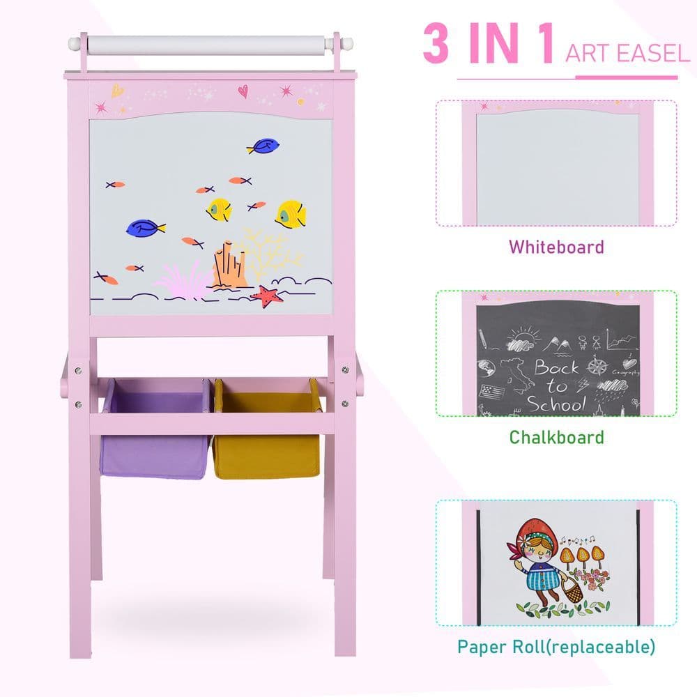 image-Kids Wooden Art Easel with Paper Roll Double-Sided Chalkboard, board HOMCOM