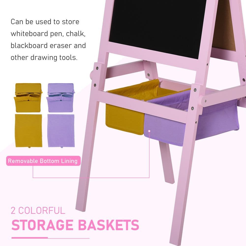 image-Kids Wooden Art Easel with Paper Roll Double-Sided Chalkboard, board HOMCOM