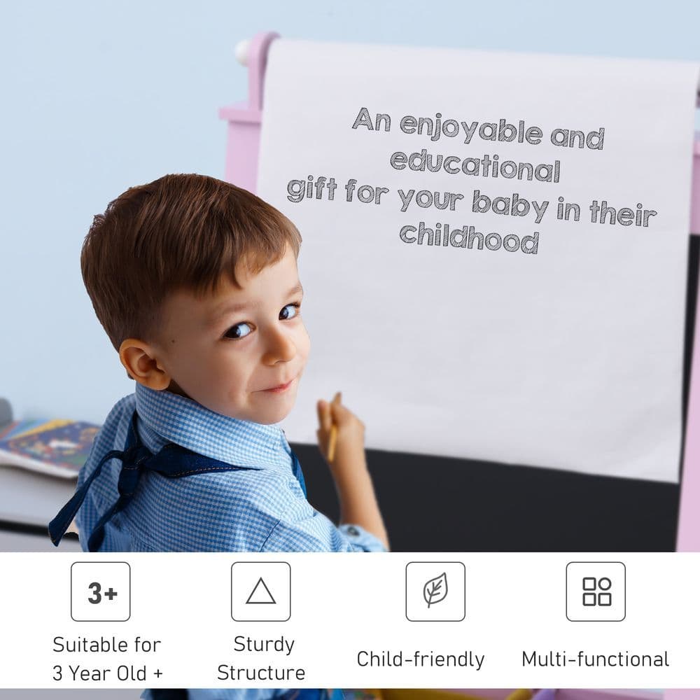 image-Kids Wooden Art Easel with Paper Roll Double-Sided Chalkboard, board HOMCOM
