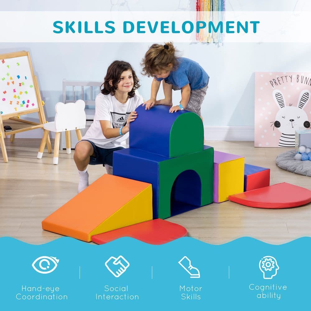 image-HOMCOM 7 Pieces Kids Foam Soft Play Set Toddler Climbers Play Structures