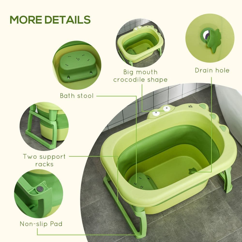 image-Foldable Baby Bathtub for Newborns Infants Toddlers w/ Stool - Green