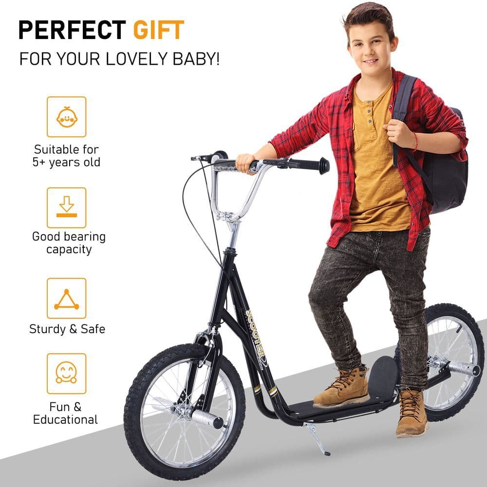 image-Teen Scooter Children Stunt Scooter 16" Tyres Adjustable Height, Black HOMCOM