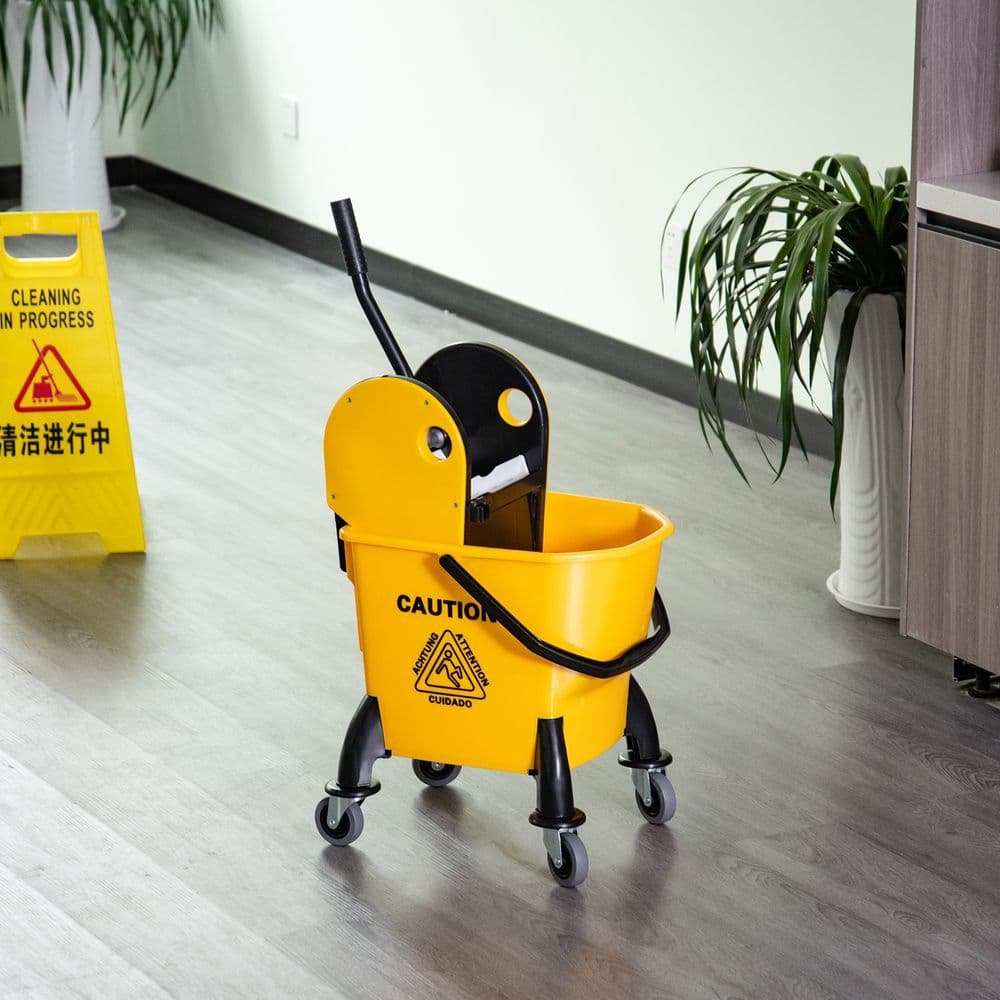 image-26L Mop Bucket & Water Wringer Wheels Plastic Body Metal Handle Yellow