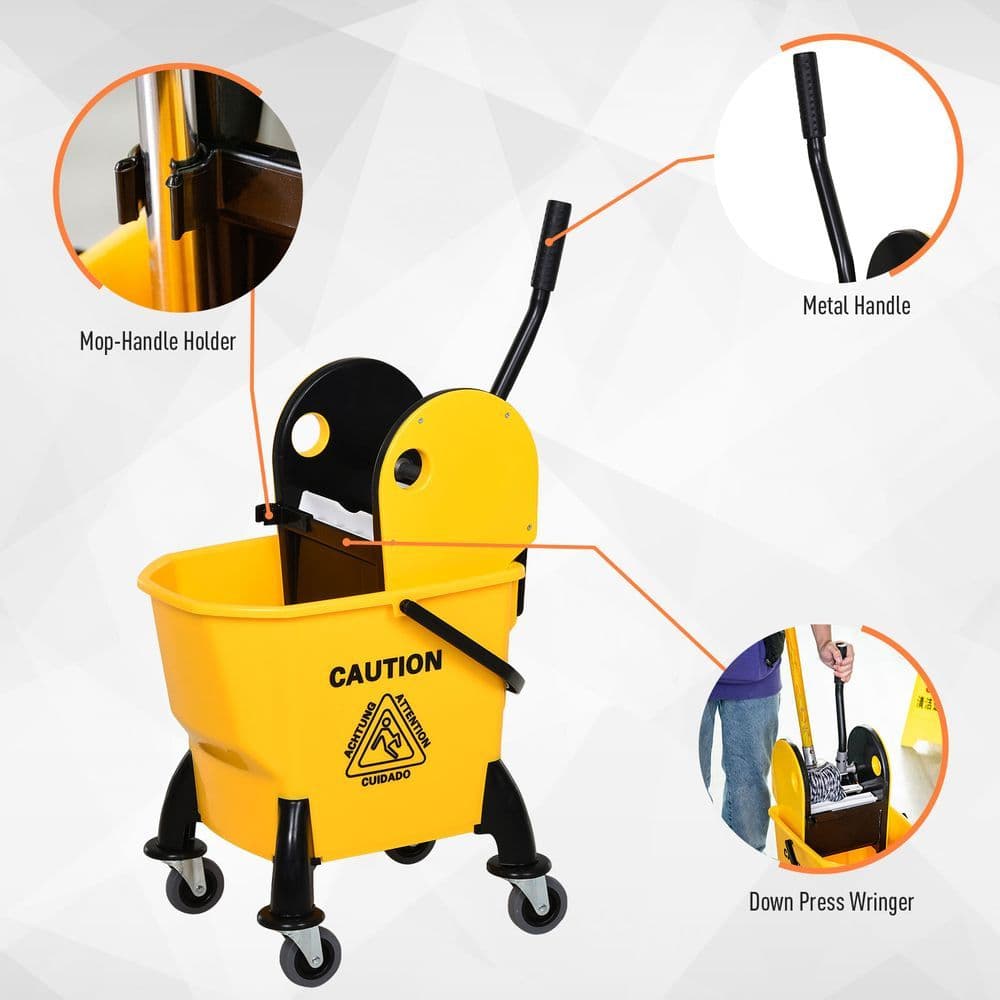image-26L Mop Bucket & Water Wringer Wheels Plastic Body Metal Handle Yellow