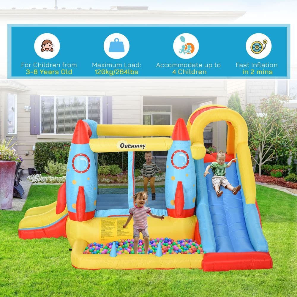 image-Bouncy Castle with Slide Pool Rocket Trampoline w/ Carrybag Blower