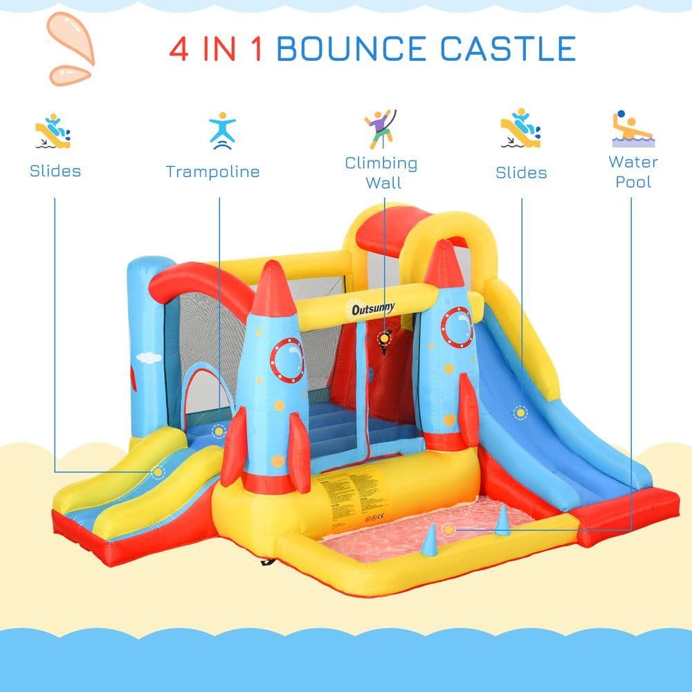 image-Bouncy Castle with Slide Pool Rocket Trampoline w/ Carrybag Blower