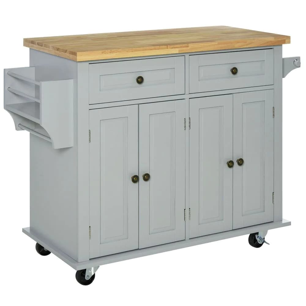 image-Rolling Kitchen Island Cart Rubber Wood Top, Spices, and Towel Rack