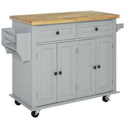 image-Rolling Kitchen Island Cart Rubber Wood Top, Spices, and Towel Rack