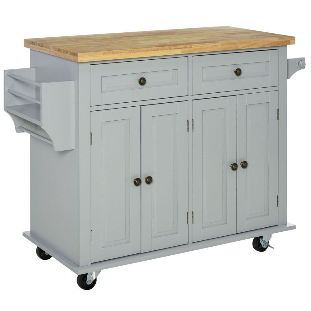image-Rolling Kitchen Island Cart Rubber Wood Top, Spices, and Towel Rack