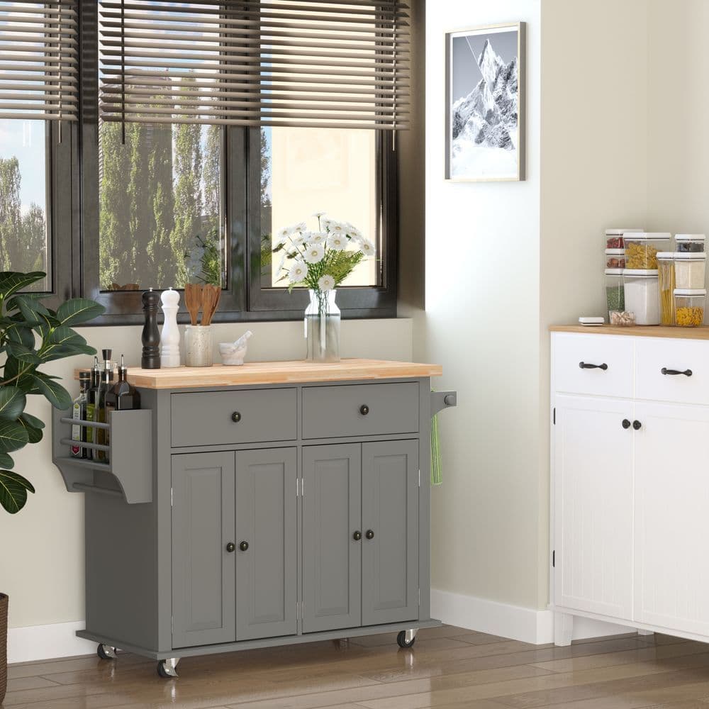 image-Rolling Kitchen Island Cart Rubber Wood Top, Spices, and Towel Rack