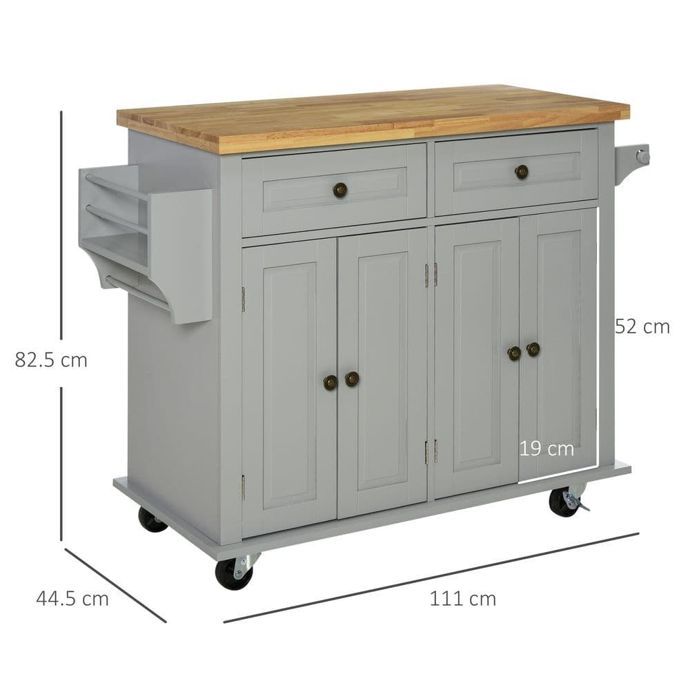 image-Rolling Kitchen Island Cart Rubber Wood Top, Spices, and Towel Rack