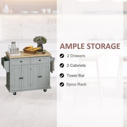 image-Rolling Kitchen Island Cart Rubber Wood Top, Spices, and Towel Rack