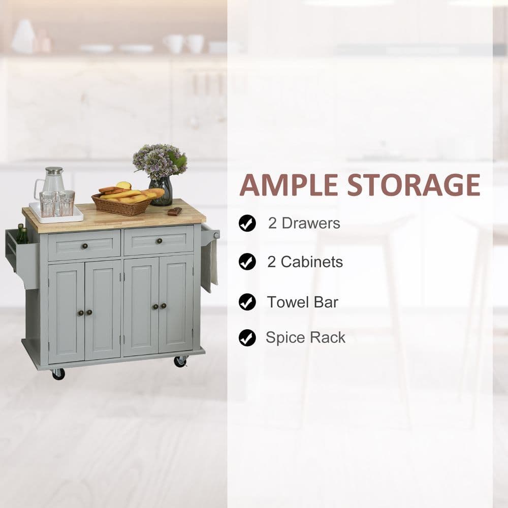 image-Rolling Kitchen Island Cart Rubber Wood Top, Spices, and Towel Rack