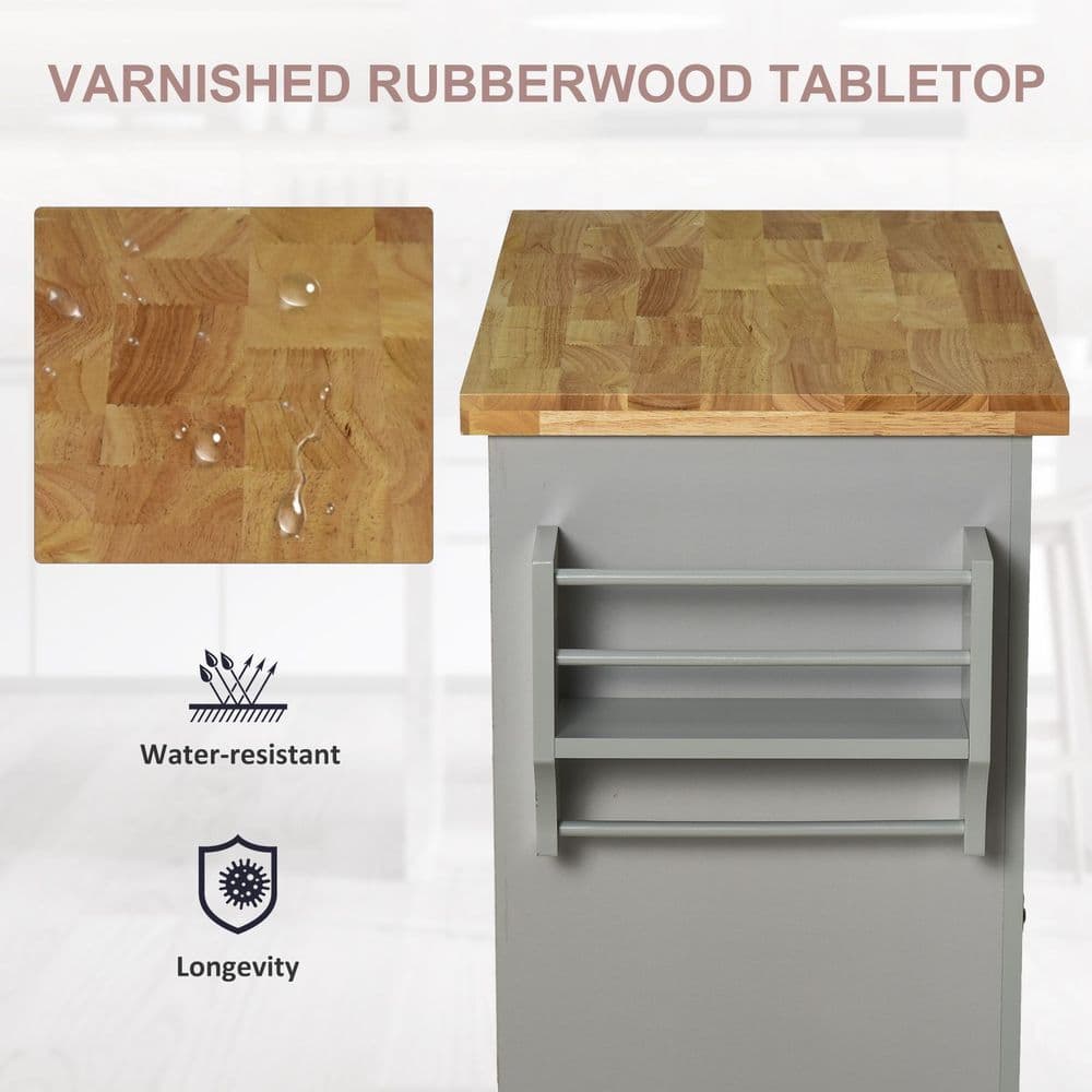 image-Rolling Kitchen Island Cart Rubber Wood Top, Spices, and Towel Rack