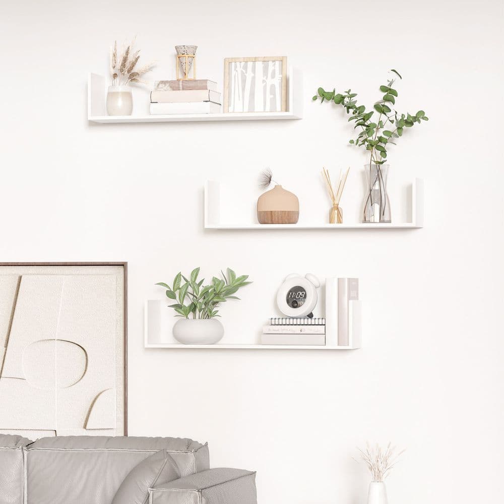 image-Set of 3 Wooden Floating Shelves Wall Mount CD DVD Display White HOMCOM