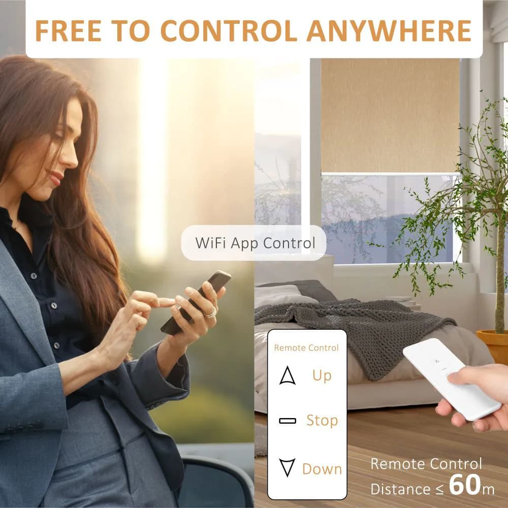 image-Electric Smart Roller Blinds for Windows with Remote, Brown, 120x180cm