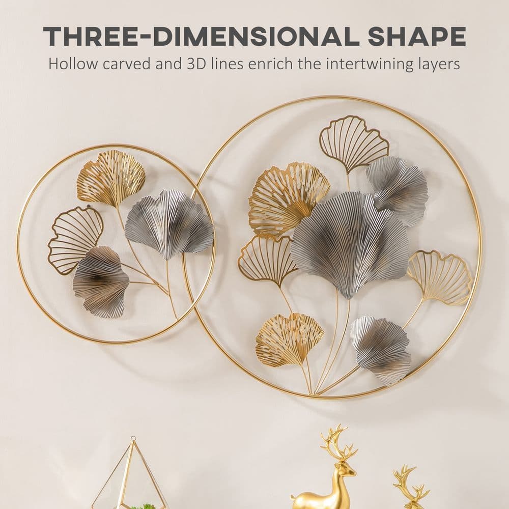 image-Minimalist Metal Wall Art Ginkgo Leaves Hanging Wall Sculpture, Gold