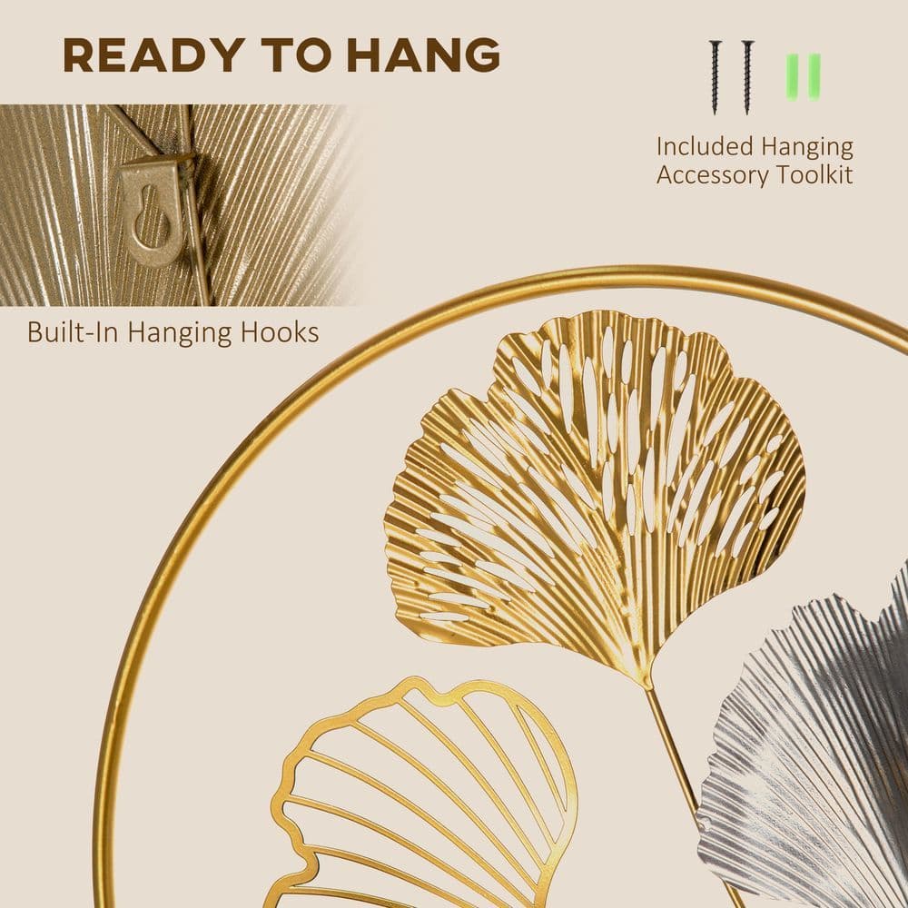 image-Minimalist Metal Wall Art Ginkgo Leaves Hanging Wall Sculpture, Gold