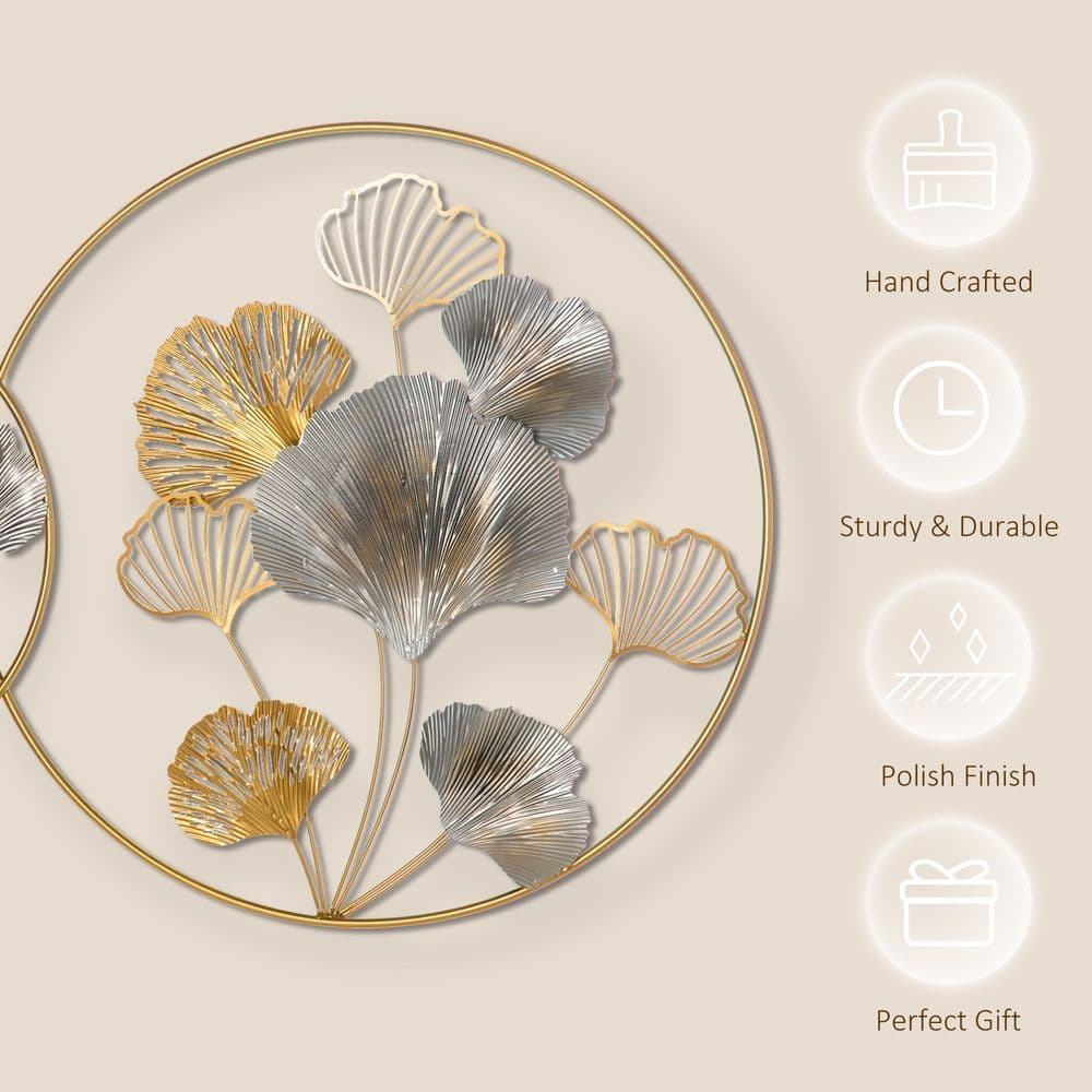 image-Minimalist Metal Wall Art Ginkgo Leaves Hanging Wall Sculpture, Gold