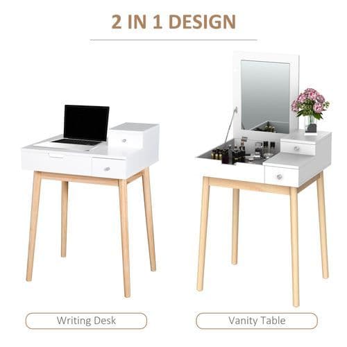 image-Dressing Table Desk Flip-up Mirror 2 Drawers Bedroom Makeup White HOMCOM