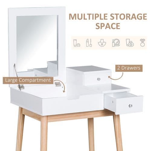 image-Dressing Table Desk Flip-up Mirror 2 Drawers Bedroom Makeup White HOMCOM