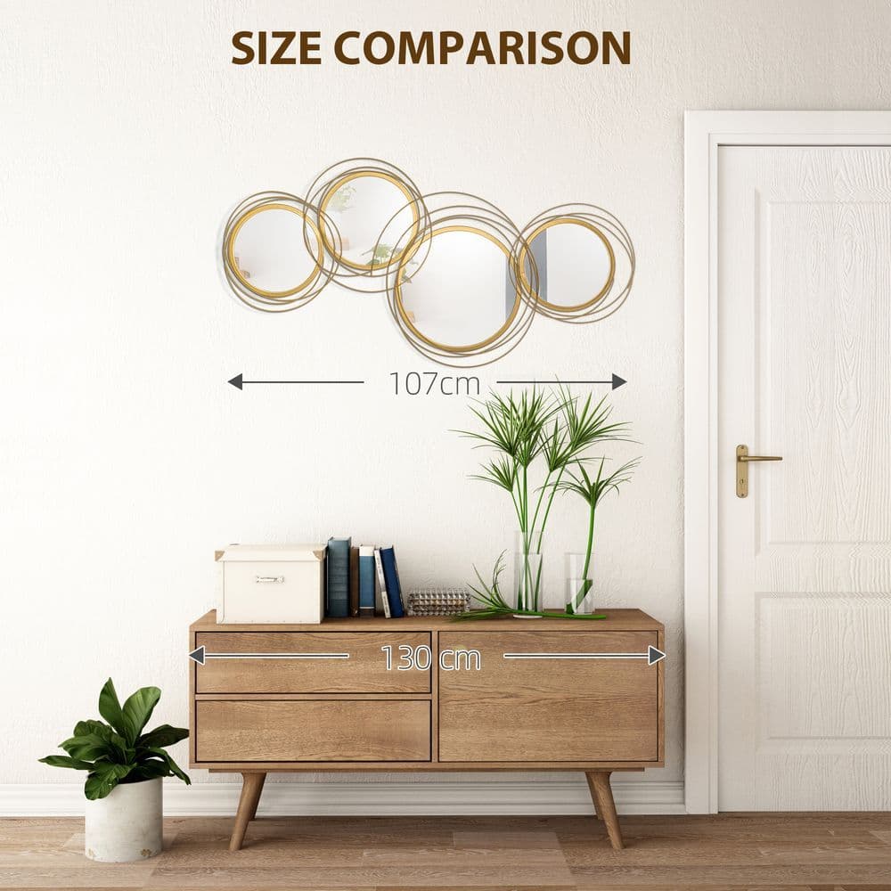 image-HOMCOM Metal Wall Art Decorative Mirror Decor Modern Wall Sculpture, Gold
