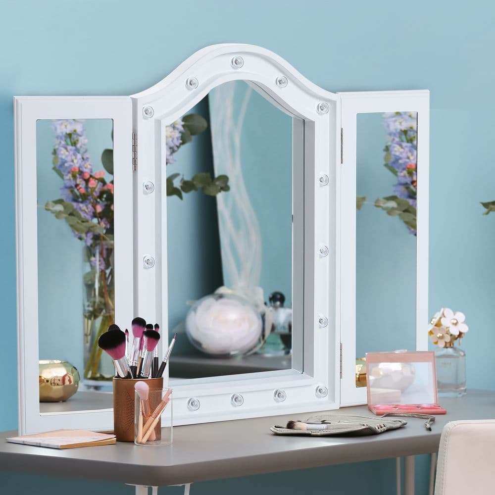 image-Lighted Tri-Fold Vanity Mirror Large Cosmetic Mirror LED Lights White