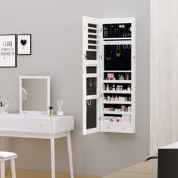 image-Hanging Mirrored Jewel Storage Cabinet Organiser Lockable w/6 LED White