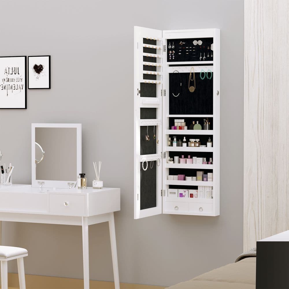 image-Hanging Mirrored Jewel Storage Cabinet Organiser Lockable w/6 LED White