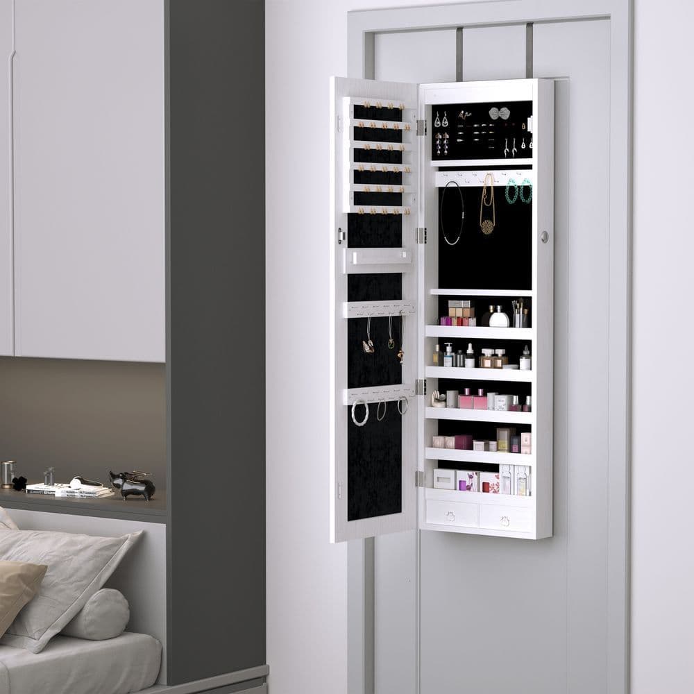 image-Hanging Mirrored Jewel Storage Cabinet Organiser Lockable w/6 LED White
