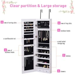 image-Hanging Mirrored Jewel Storage Cabinet Organiser Lockable w/6 LED White