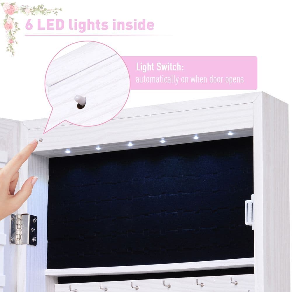 image-Hanging Mirrored Jewel Storage Cabinet Organiser Lockable w/6 LED White